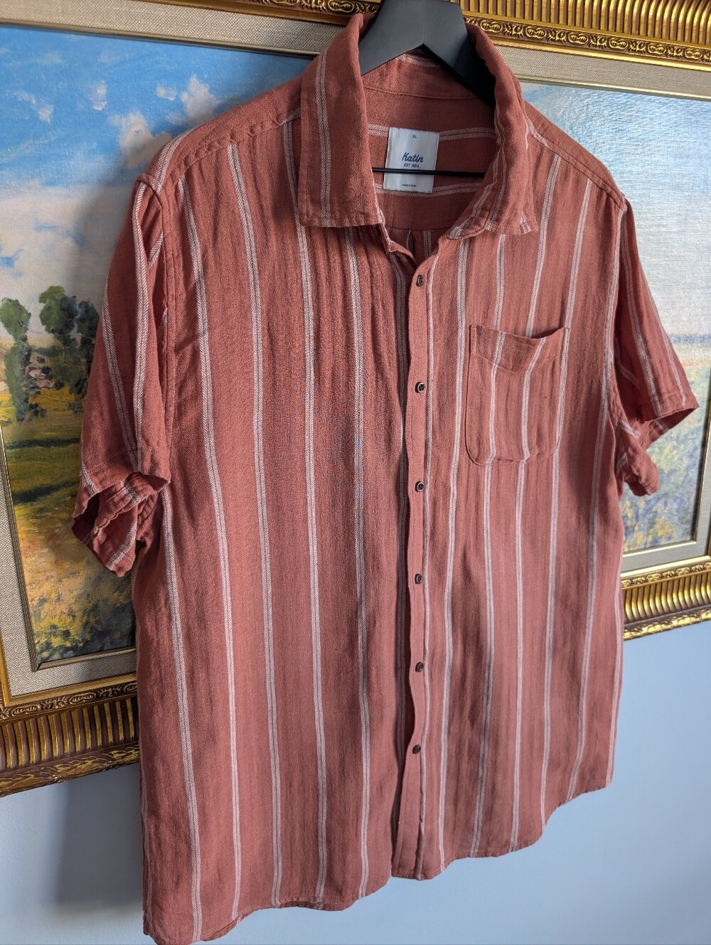 Katin Linen Rust and White Vertical Stripe Short-Sleeve Button-Up Shirt